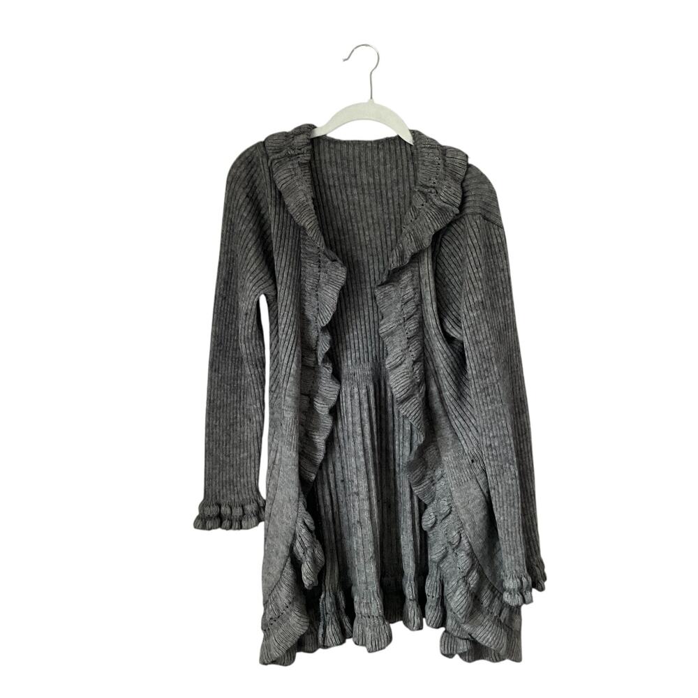 Gray Ribbed Ruffle Cardigan Sweater: Y2K, Modern - Picture 3 of 9